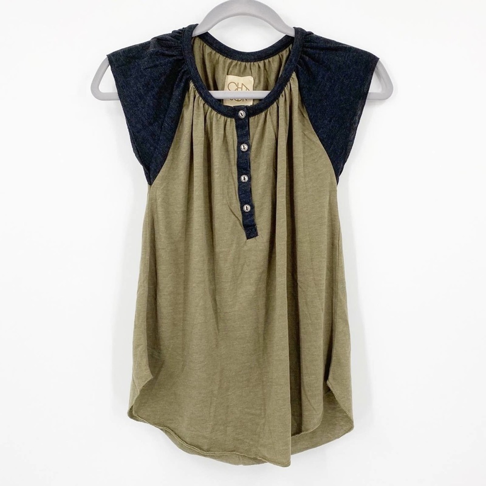 Chaser Shirred Henley Blocked Jersey Top